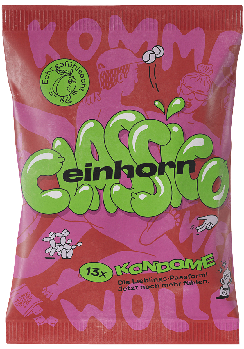 Einhorn Condoms: CLASSICO, 13 vegan condoms in the chips bag