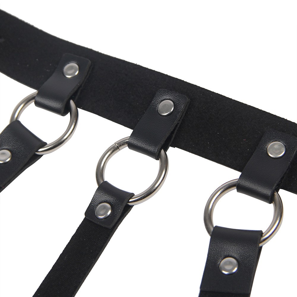 Wild black leather chest punk bondage belt with chain