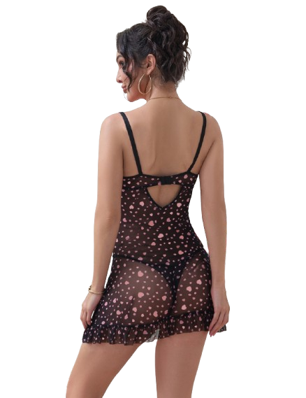 Black Heart Printed Mesh Ruffled Sexy Nightdress