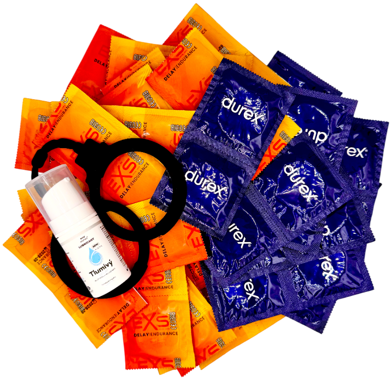 Súprava znecitlivujúcich kondómov – Delay pack (68 ks) + silikónové putá Handcuffs