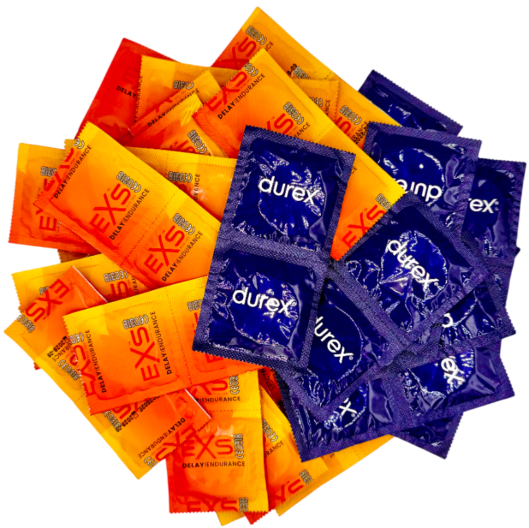 Súprava znecitlivujúcich kondómov – Delay pack (68 ks) + silikónové putá Handcuffs