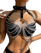 Wild black leather chest punk bondage belt with chain