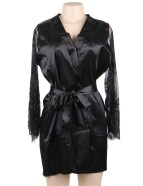 Eyelash Lace Nightdress Silk Long Sleeves Black Sleepwear with G String