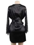 Eyelash Lace Nightdress Silk Long Sleeves Black Sleepwear with G String