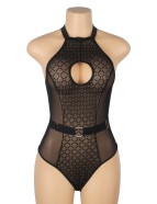Black Sexy Flocked Mesh Halter Neck Crotchless Bodysuit