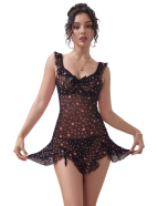 Black Heart Printed Mesh Ruffled Sexy Nightdress