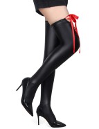 Black Sexy PU Leather Stockings With Red Cross Straps