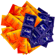 Súprava znecitlivujúcich kondómov – Delay pack (68 ks) + silikónové putá Handcuffs