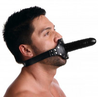 Kožený náustok s vnútorným a vonkajším penisom Ride Me Mouth