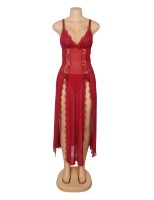 Red Sexy Mesh Lace Long Split Nightgown