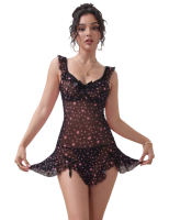 Black Heart Printed Mesh Ruffled Sexy Nightdress