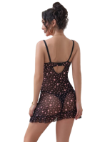 Black Heart Printed Mesh Ruffled Sexy Nightdress
