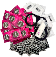 Súprava zosilnených kondómov - Anal pack (72 ks) + SE análny lubrikačný gél 15ml + silikónové putá Handcuffs