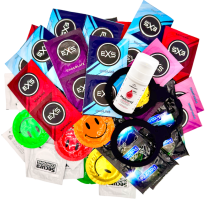 Súprava rôznych kondómov – Explore pack (72 ks) + SE jahodový lubrikačný gél 15 ml + silikónové putá Handcuffs